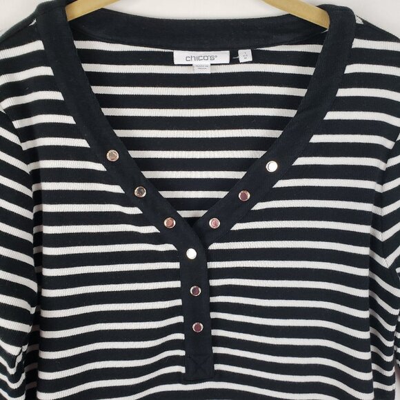 Chicos Stripe Ribbed Henley Tee Black White Zenergy 3/4 Sleeve Size 1 Medium - Picture 3 of 6
